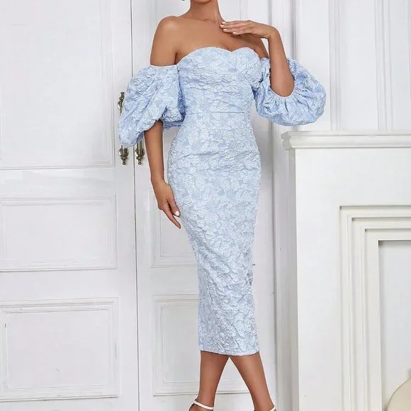 Off Shoulder Puff Sleeve Split Back Floral Jacquard Dress Baby Blue - Picture 4 of 5